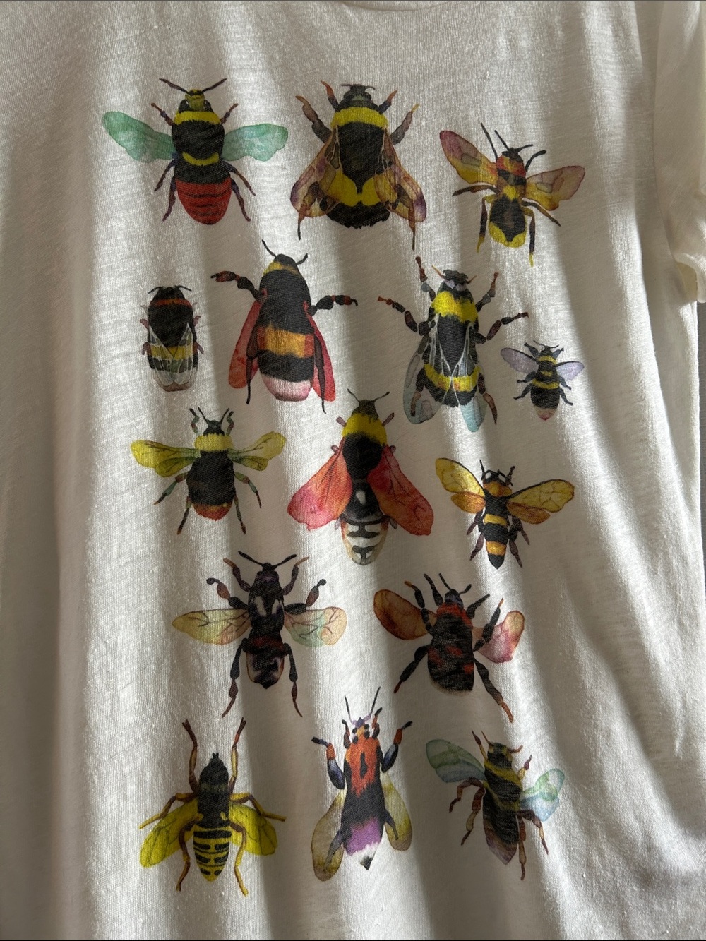 J. Crew Beige Short Sleeve Linen Tee with Colorful Bee Print, Oversized Small, - Picture 5 of 6